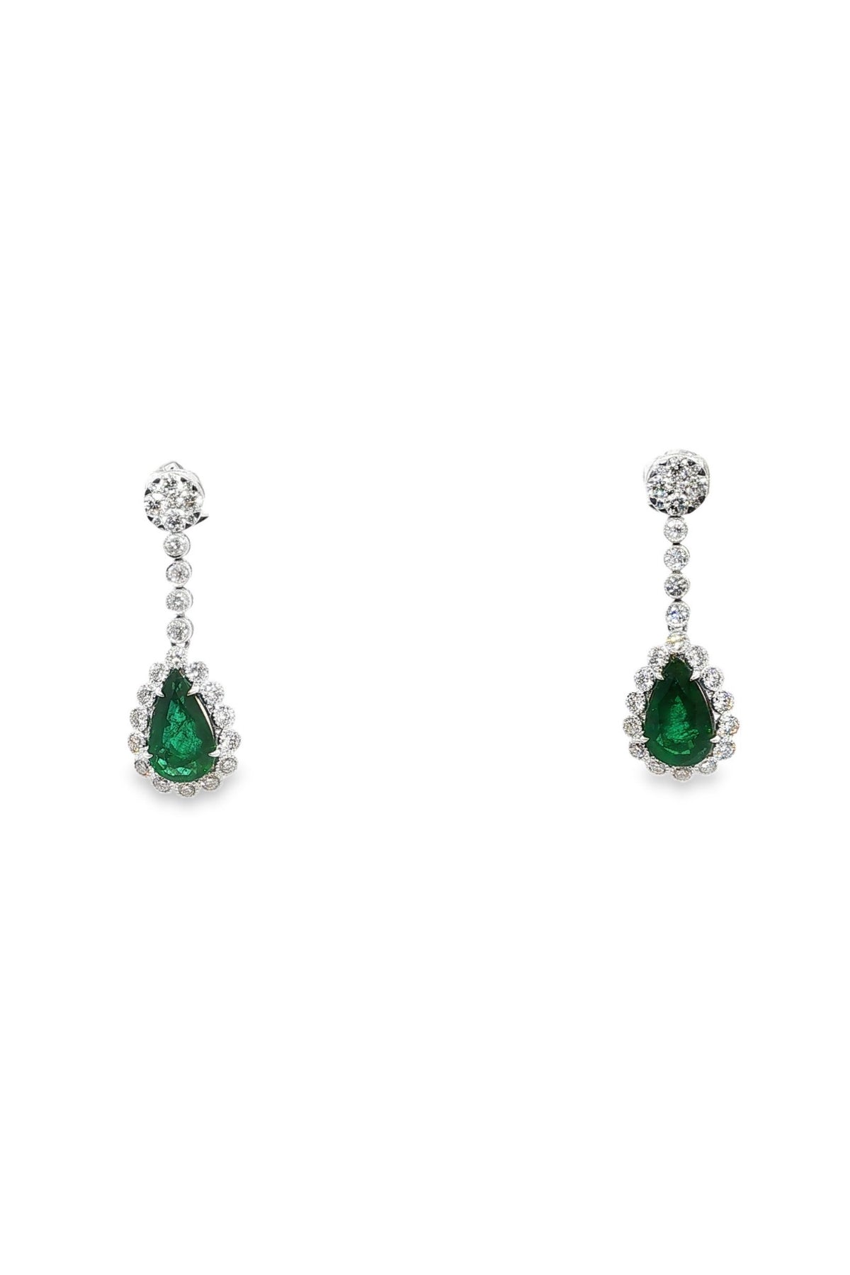 Pear-Cut Emerald Halo Drop Earrings in White Gold