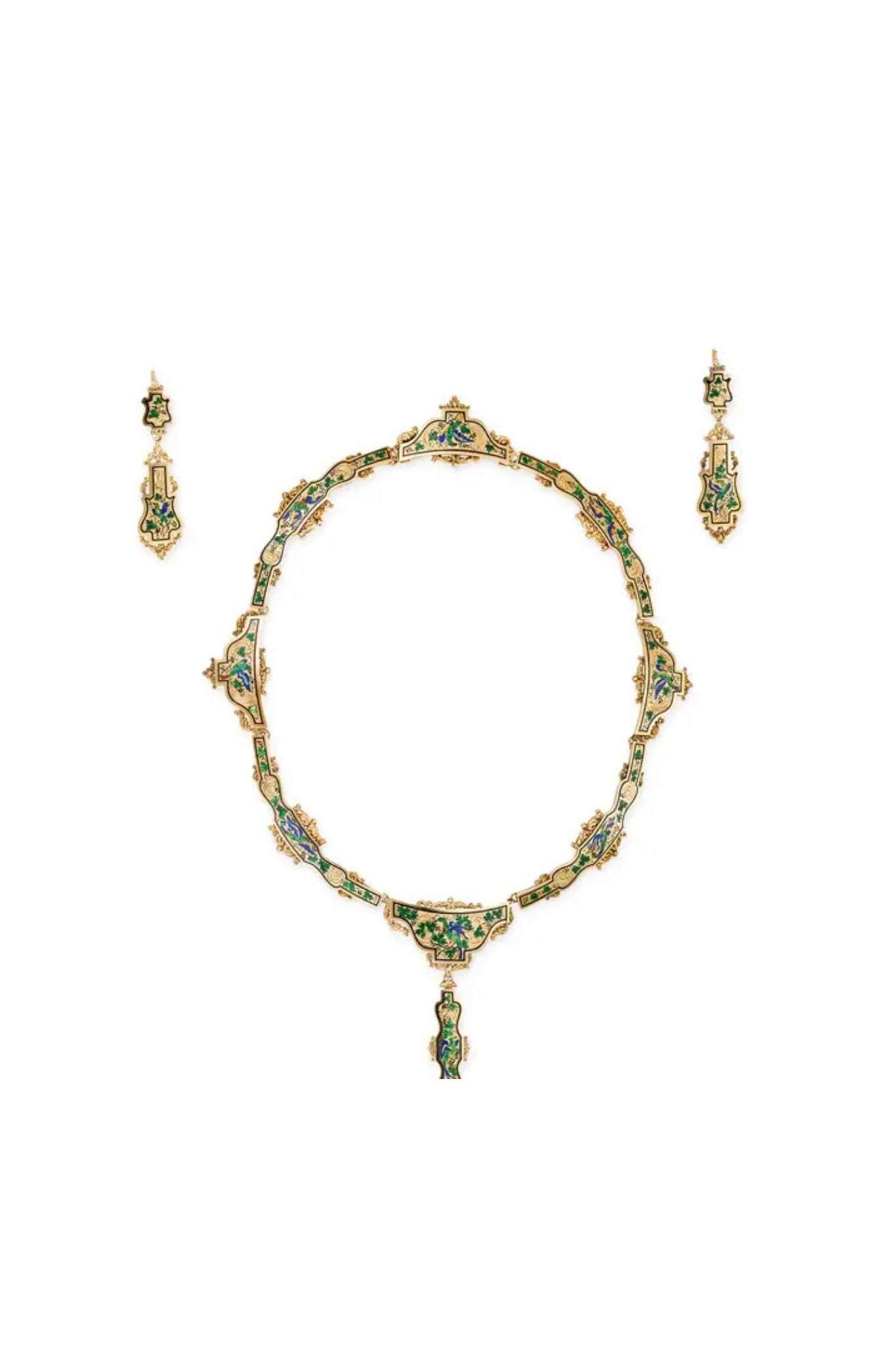 Antique Renaissance Revival Enamel Pendant Necklace & Earrings Suite, Circa 1880