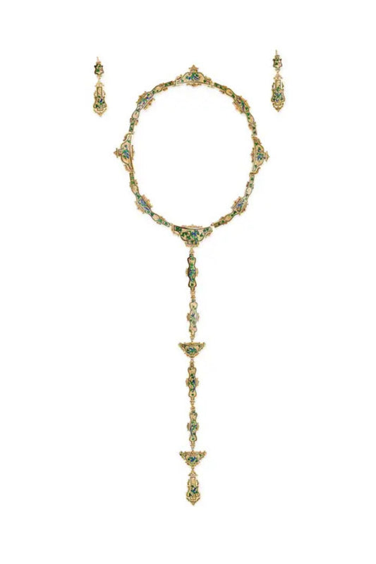 Antique Renaissance Revival Enamel Pendant Necklace & Earrings Suite, Circa 1880