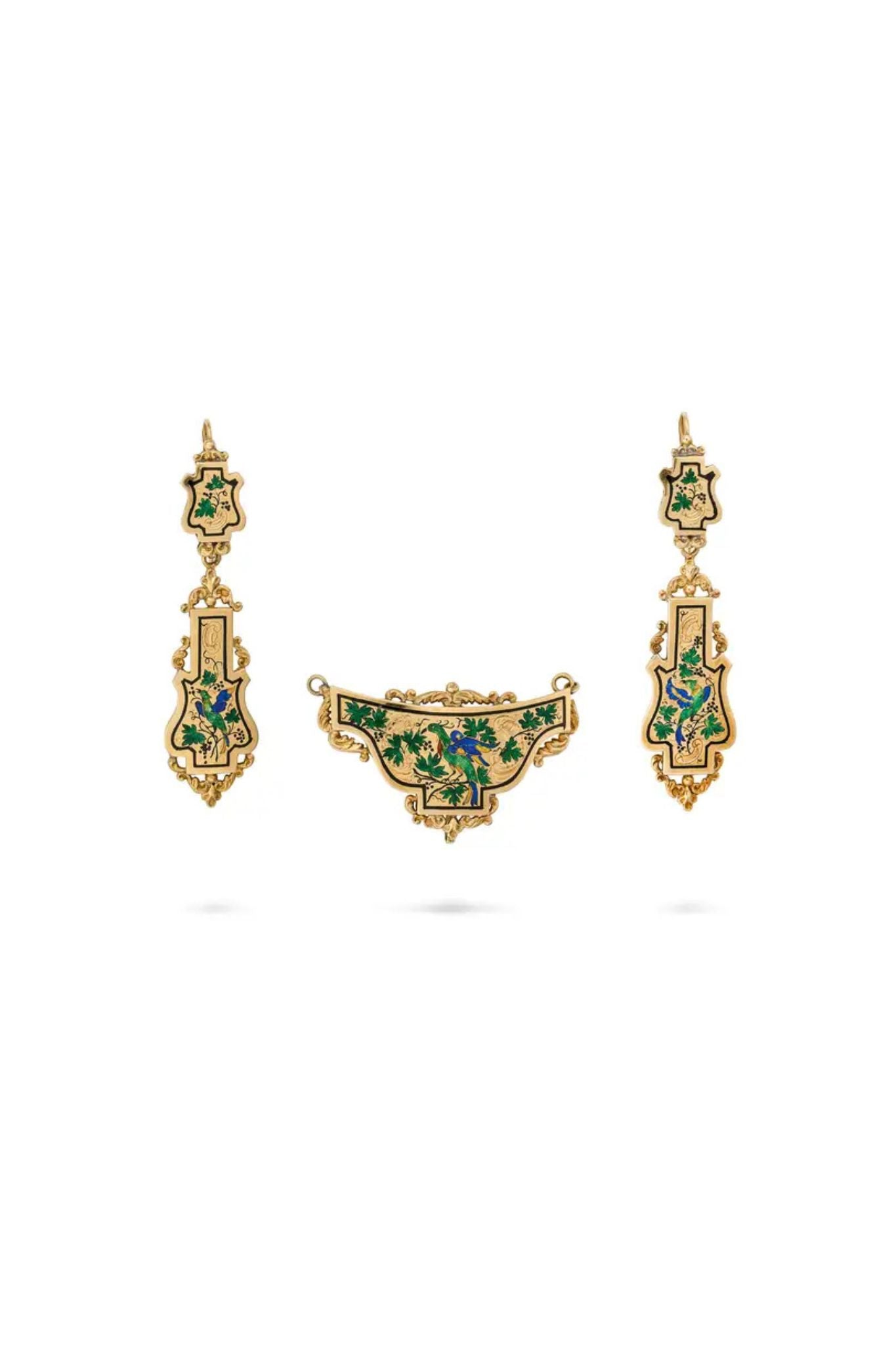 Antique Renaissance Revival Enamel Pendant Necklace & Earrings Suite, Circa 1880