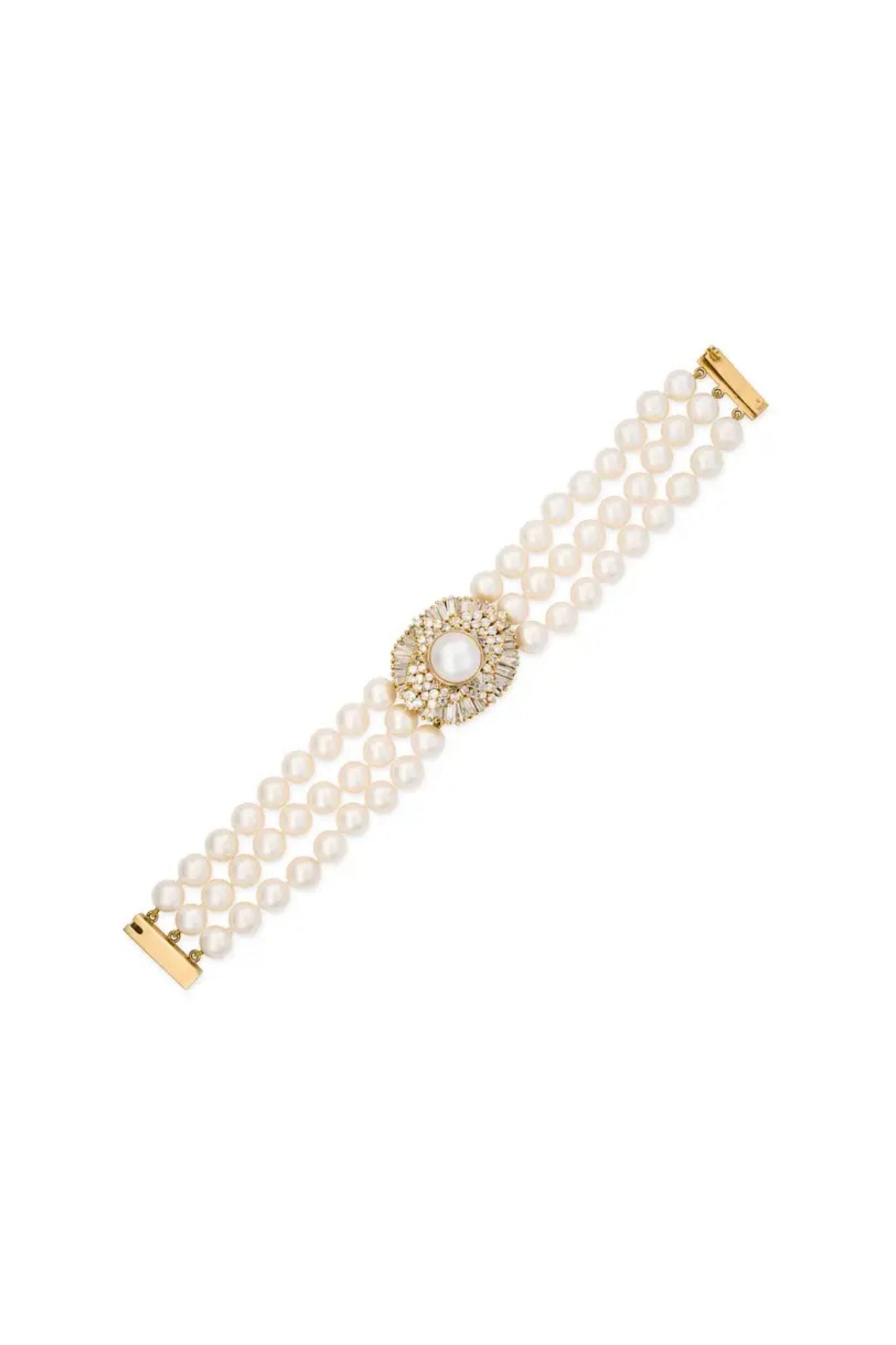Triple Row Cultured Pearl Bracelet with Diamond Plaque