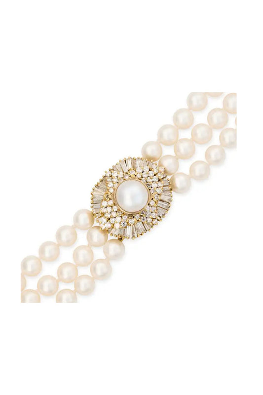 Triple Row Cultured Pearl Bracelet with Diamond Plaque