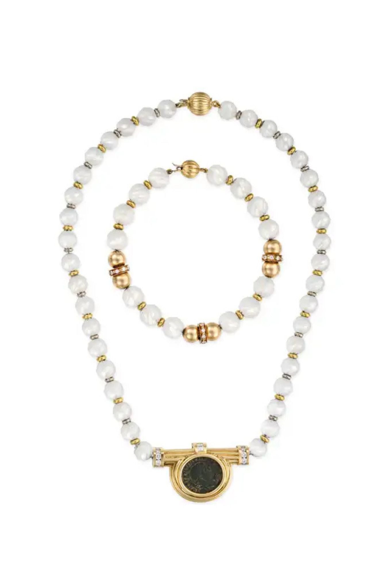 Ancient Roman Coin, Rock Crystal and Diamond Necklace and Bracelet Suite