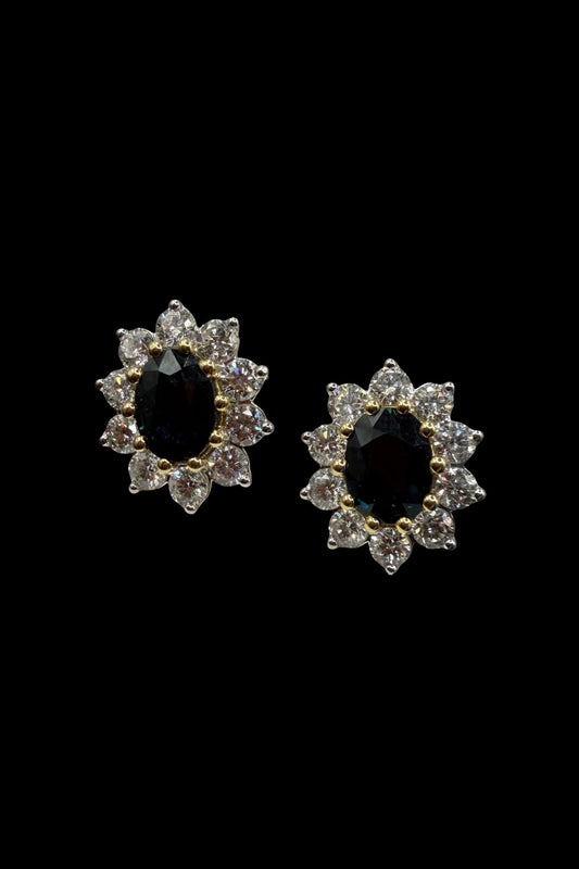 Oval Sapphire and Diamond Cluster Earrings