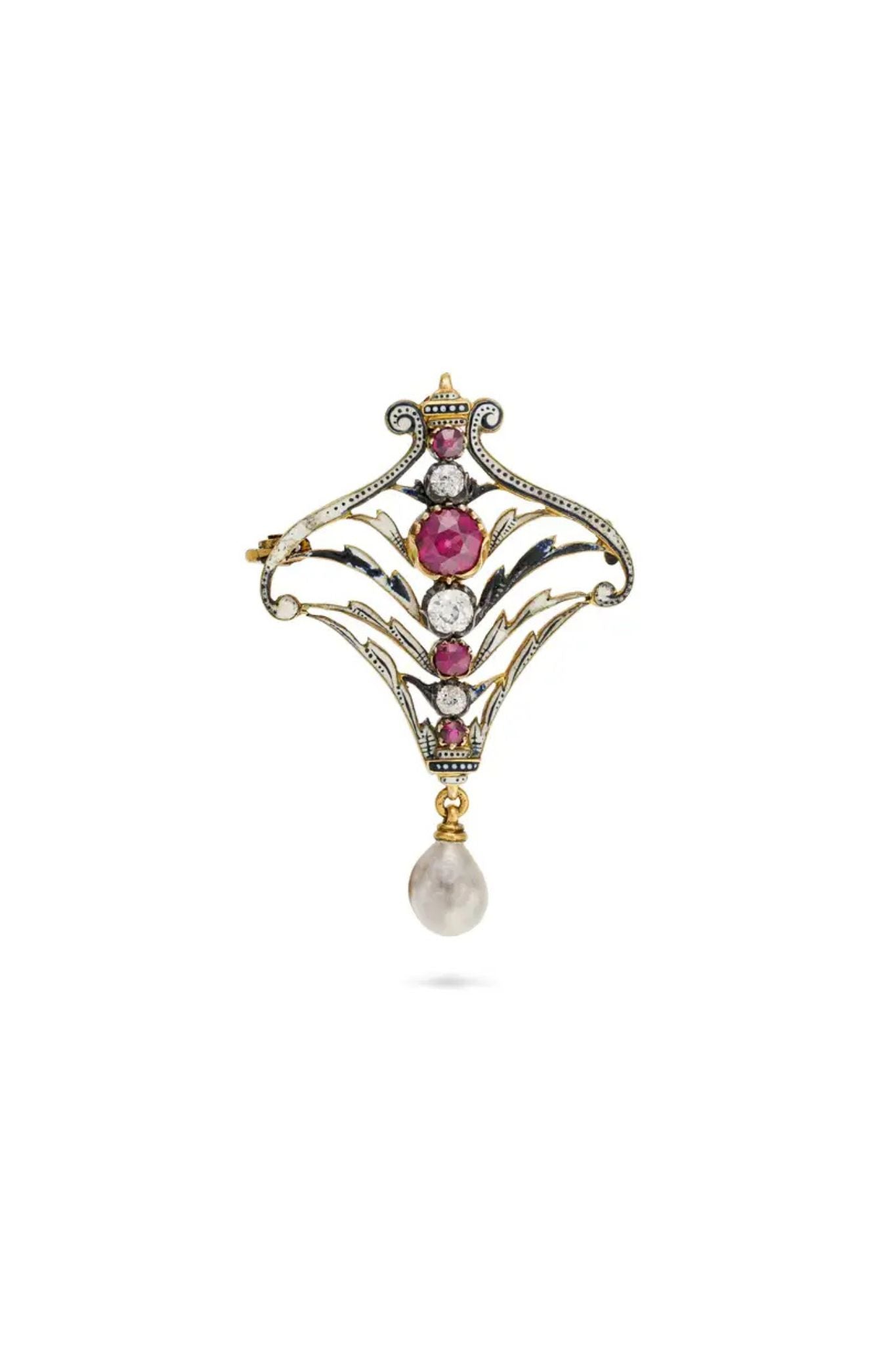 Carlo & Arthur Giuliano Antique Ruby, Pearl, Diamond and Enamel Brooch Pendant