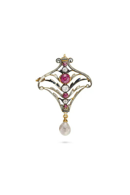 Carlo & Arthur Giuliano Antique Ruby, Pearl, Diamond and Enamel Brooch Pendant