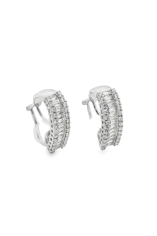 White Gold Baguette and Round Diamond Hoop Earrings