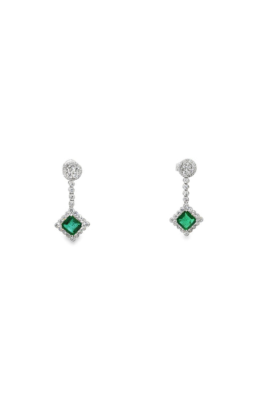 White Gold Emerald and Diamond Halo Drop Earrings